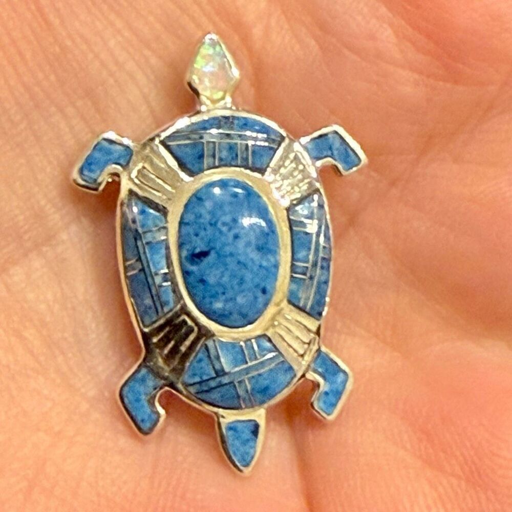 Southwestern Opal Inlay Turtle Necklace Pendant Charm Sterling Silver New - Picture 2 of 5